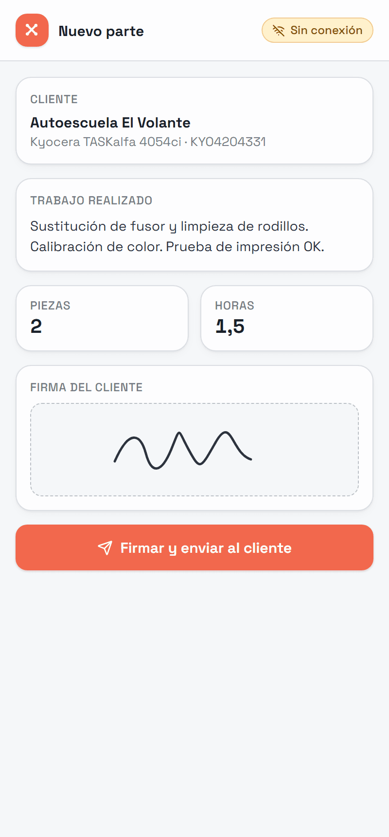 App móvil de ORDAX: parte de trabajo con firma del cliente, funcionando sin conexión.