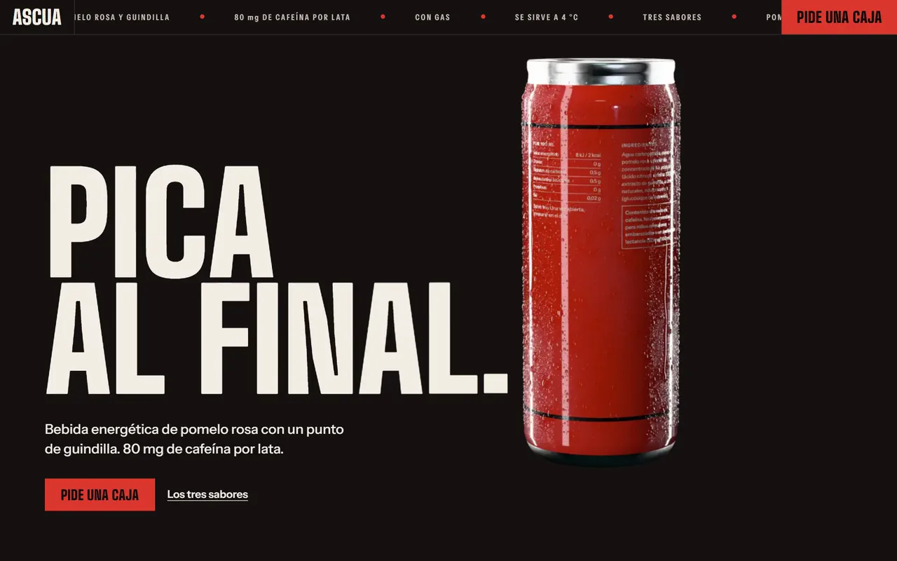 Portada de la web conceptual de Ascua, bebida energética